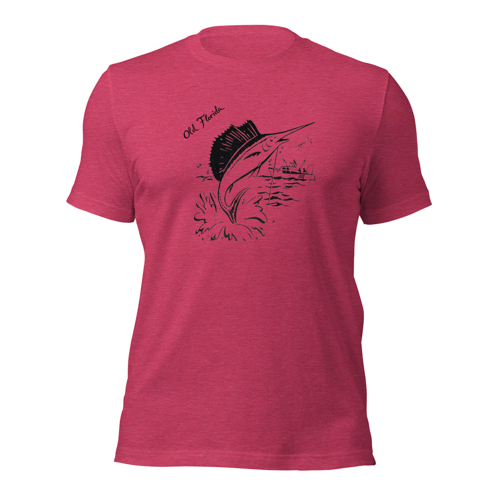Sail Fish heather raspberry tee — front graphic print — Pistolero Clásico