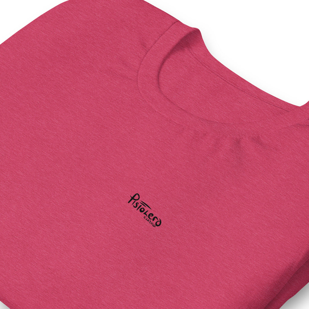 Panama City heather raspberry tee — front Pistolero Clásico logo — Pistolero Clásico