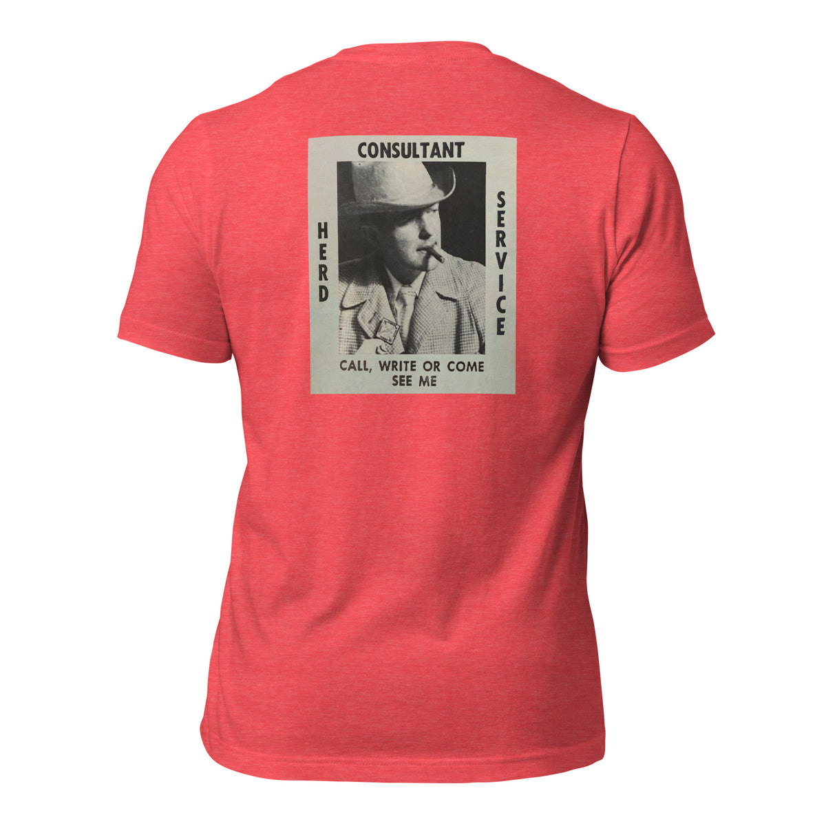 Come See Me heather red tee — back graphic print — Pistolero Clásico