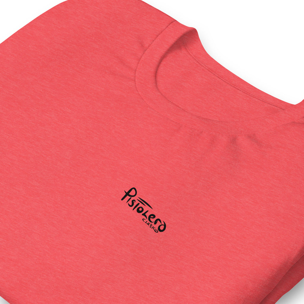 Clyde Keys heather red tee — back graphic print detail — Pistolero Clásico
