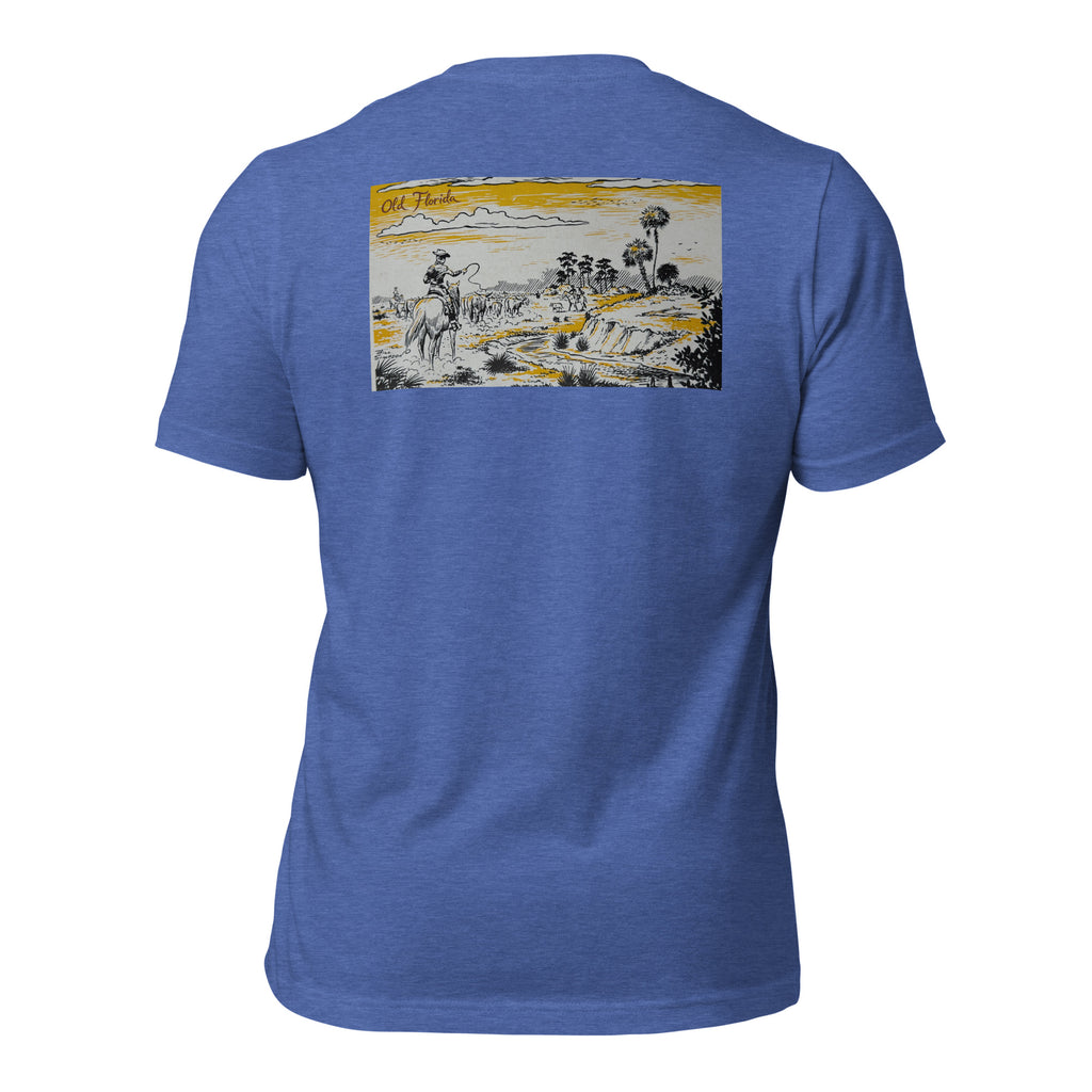 Yellow River graphic tee in Heather True Blue, back view — Pistolero Clásico