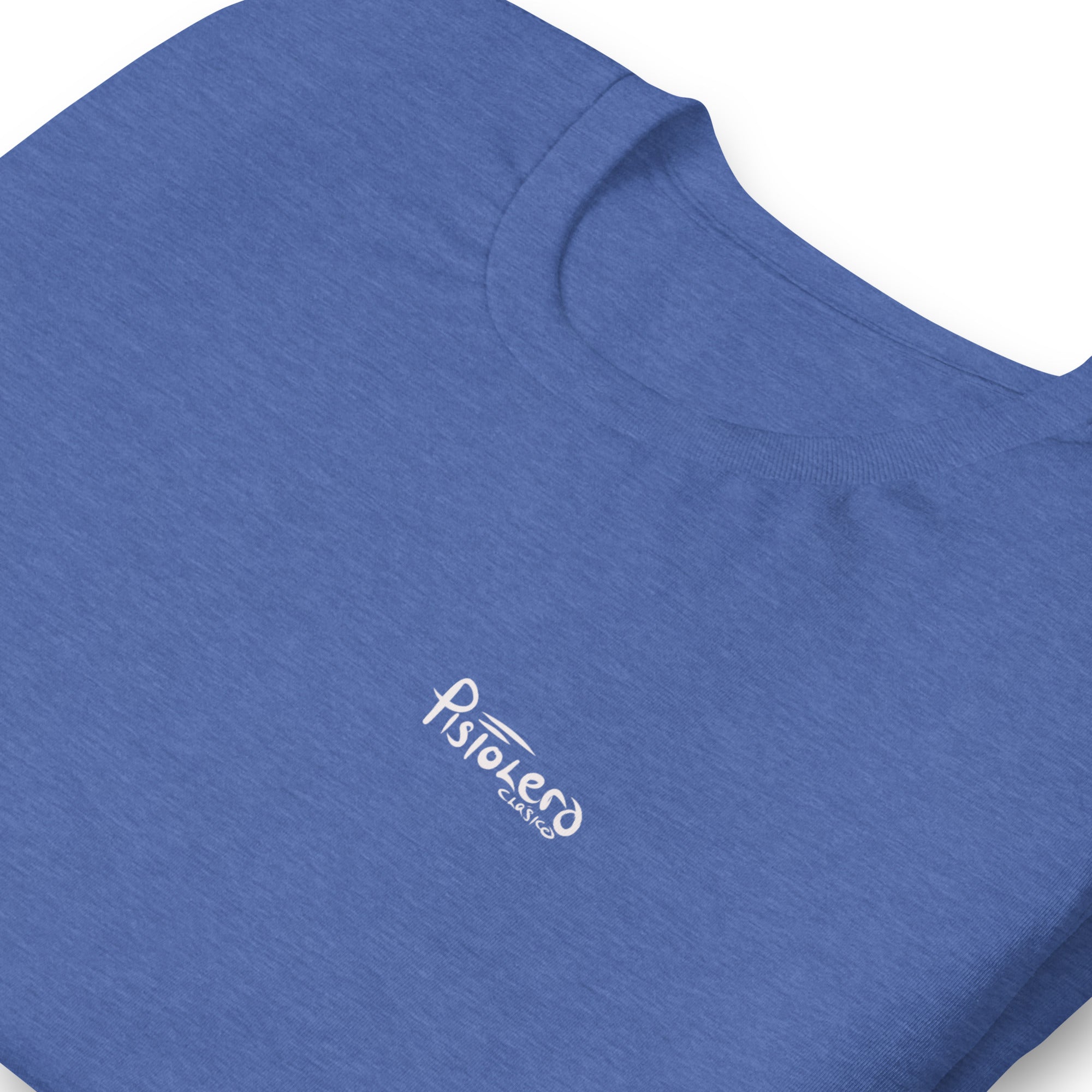 Yellow River Heather True Blue tee, Pistolero Clásico logo detail — Pistolero Clásico