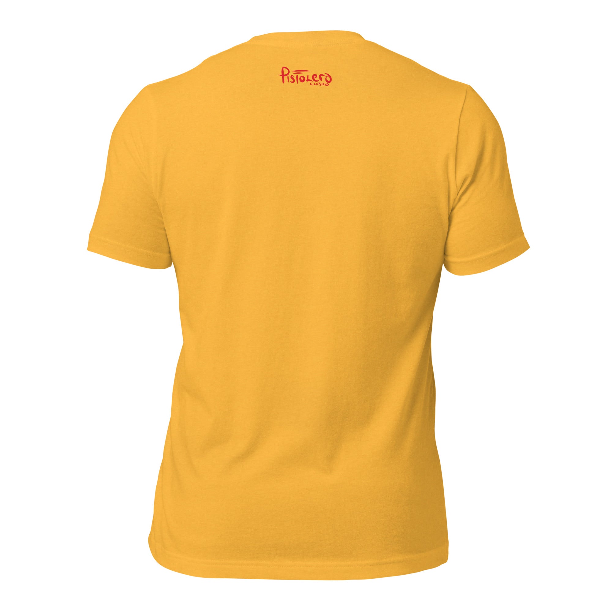 Campeonas del Mundo Heather Yellow Gold tee, back view with Pistolero Clásico logo — Pistolero Clásico