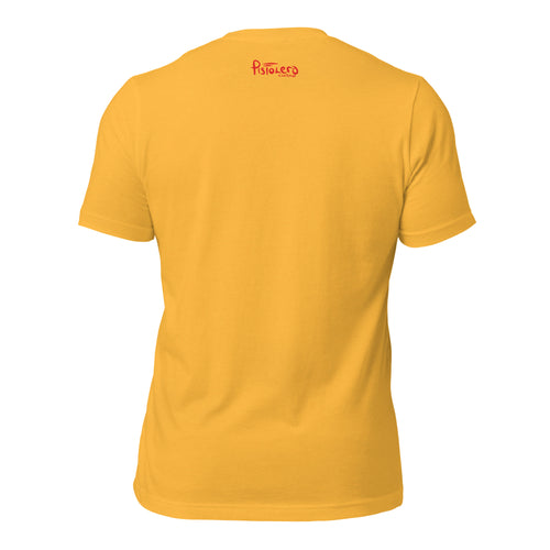 Campeonas del Mundo Heather Yellow Gold tee, back view with Pistolero Clásico logo — Pistolero Clásico