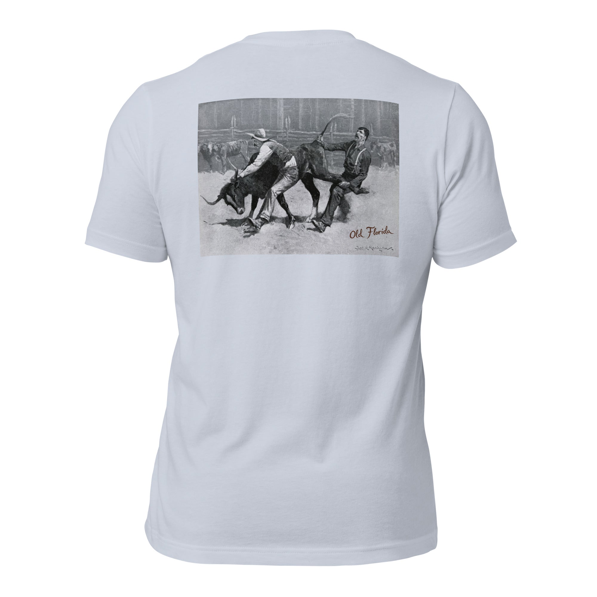 Bull Wrestling light blue tee — back graphic print — Pistolero Clásico