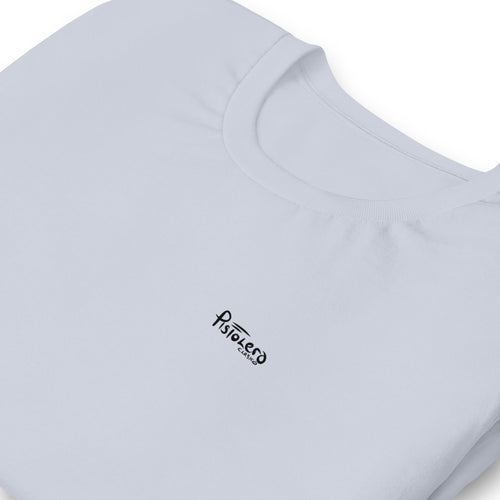 Bull Wrestling light blue tee — front Pistolero Clásico logo — Pistolero Clásico