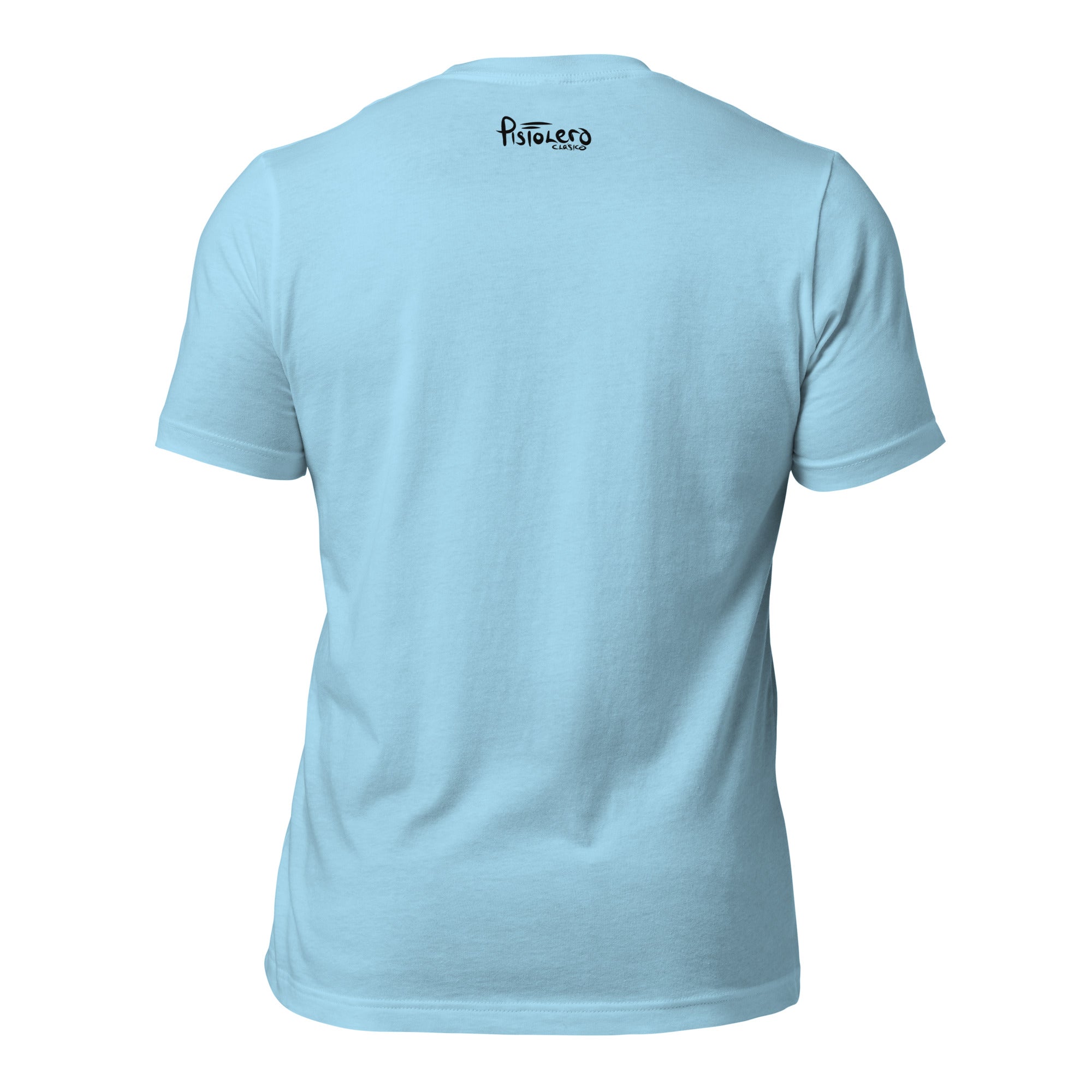 Sail Fish ocean blue tee — back Pistolero Clásico logo — Pistolero Clásico