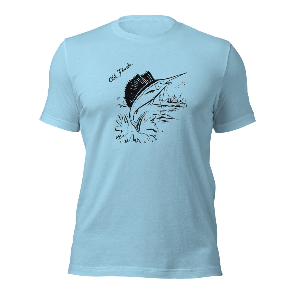 Sail Fish ocean blue tee — front graphic print — Pistolero Clásico