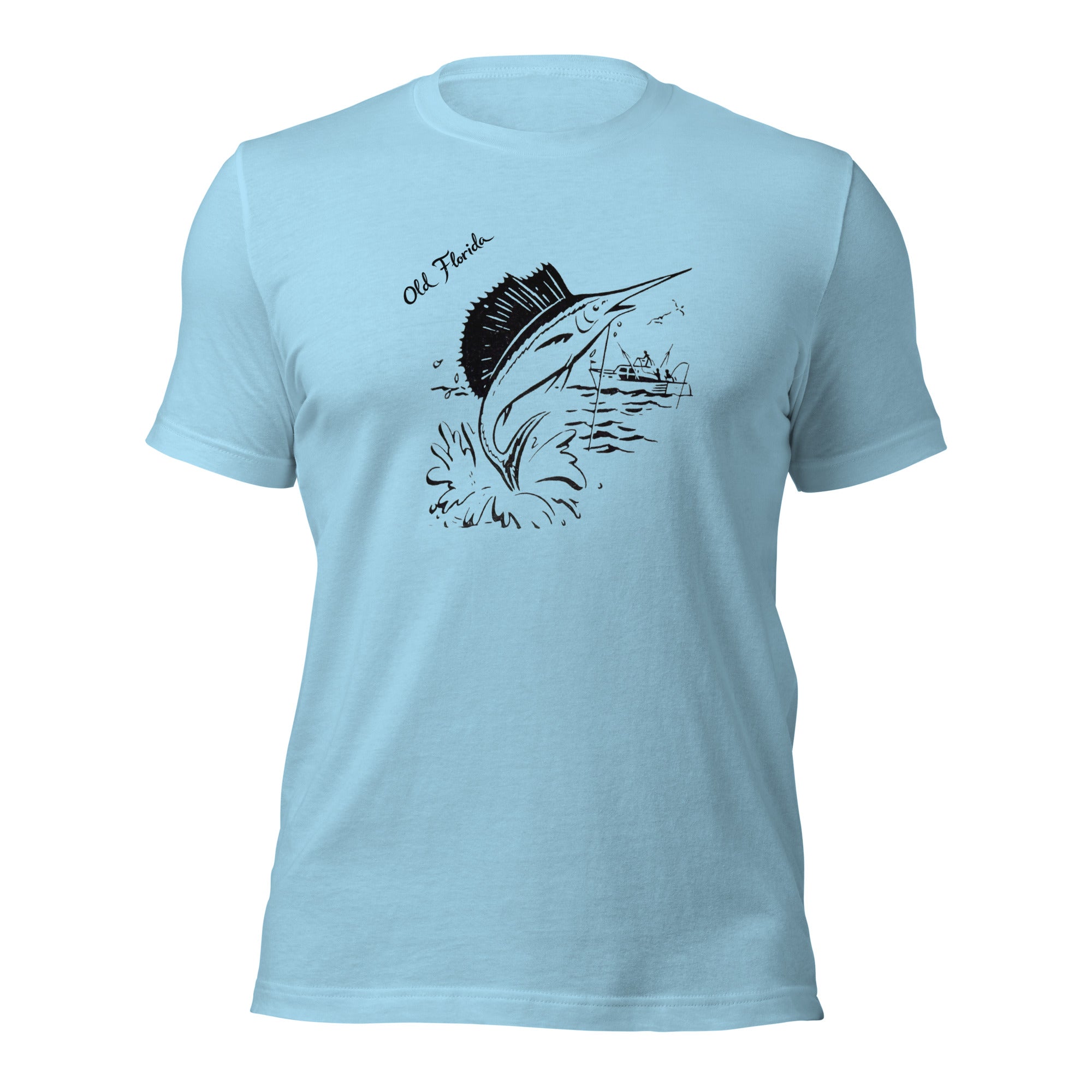 Sail Fish ocean blue tee — front graphic print — Pistolero Clásico