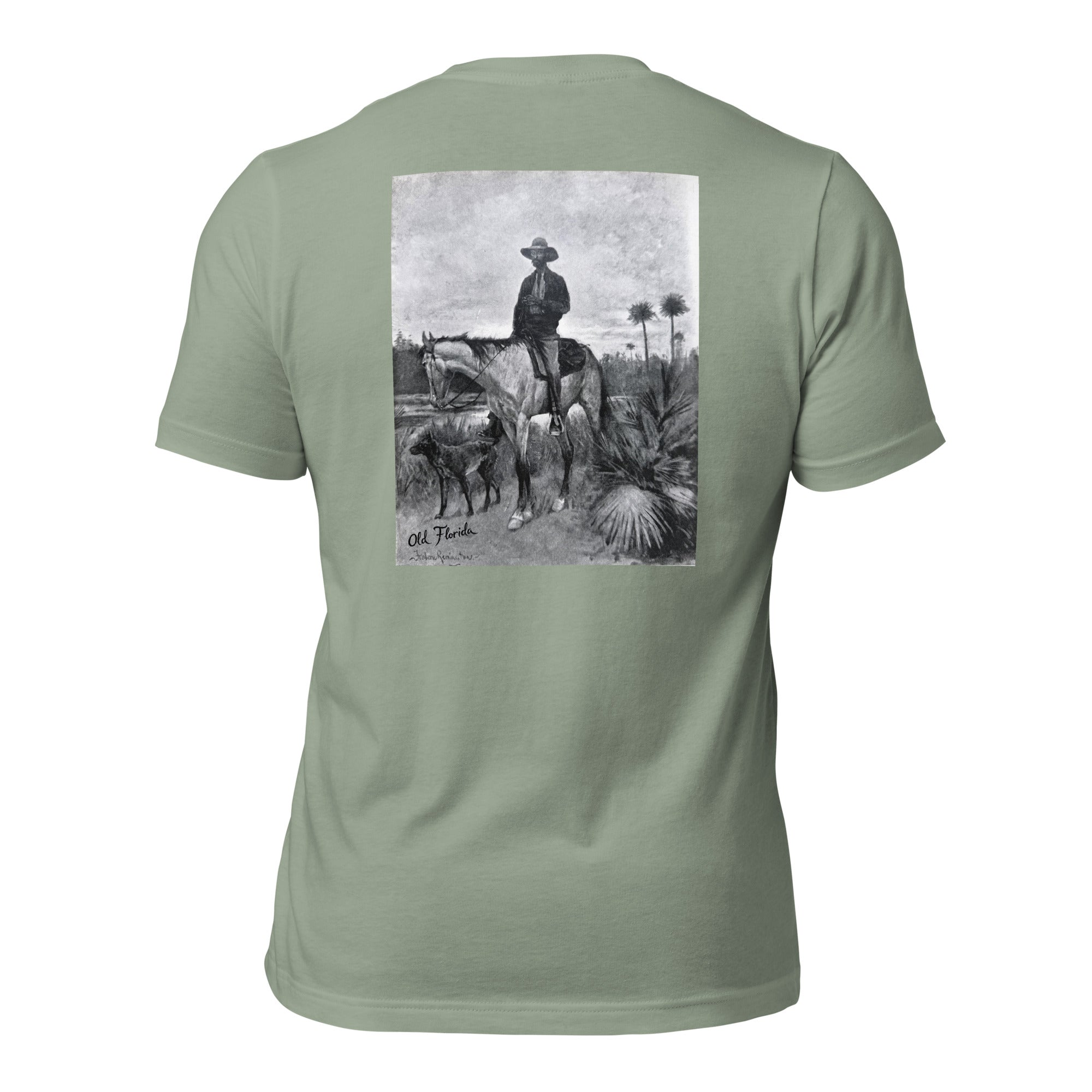 Ole Bone graphic tee in Sage, back view — Pistolero Clásico