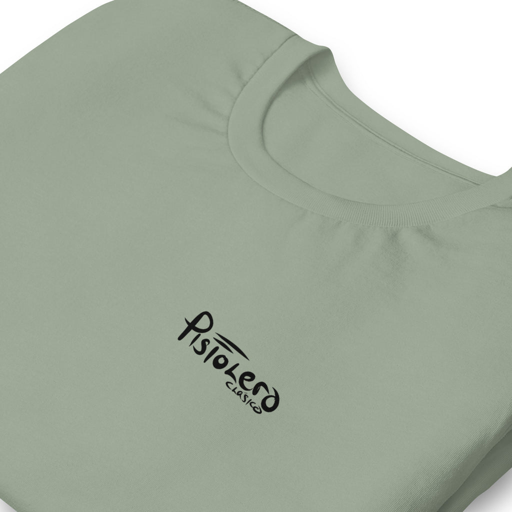 dFins Clásico sage tee — front Pistolero Clásico logo — Pistolero Clásico