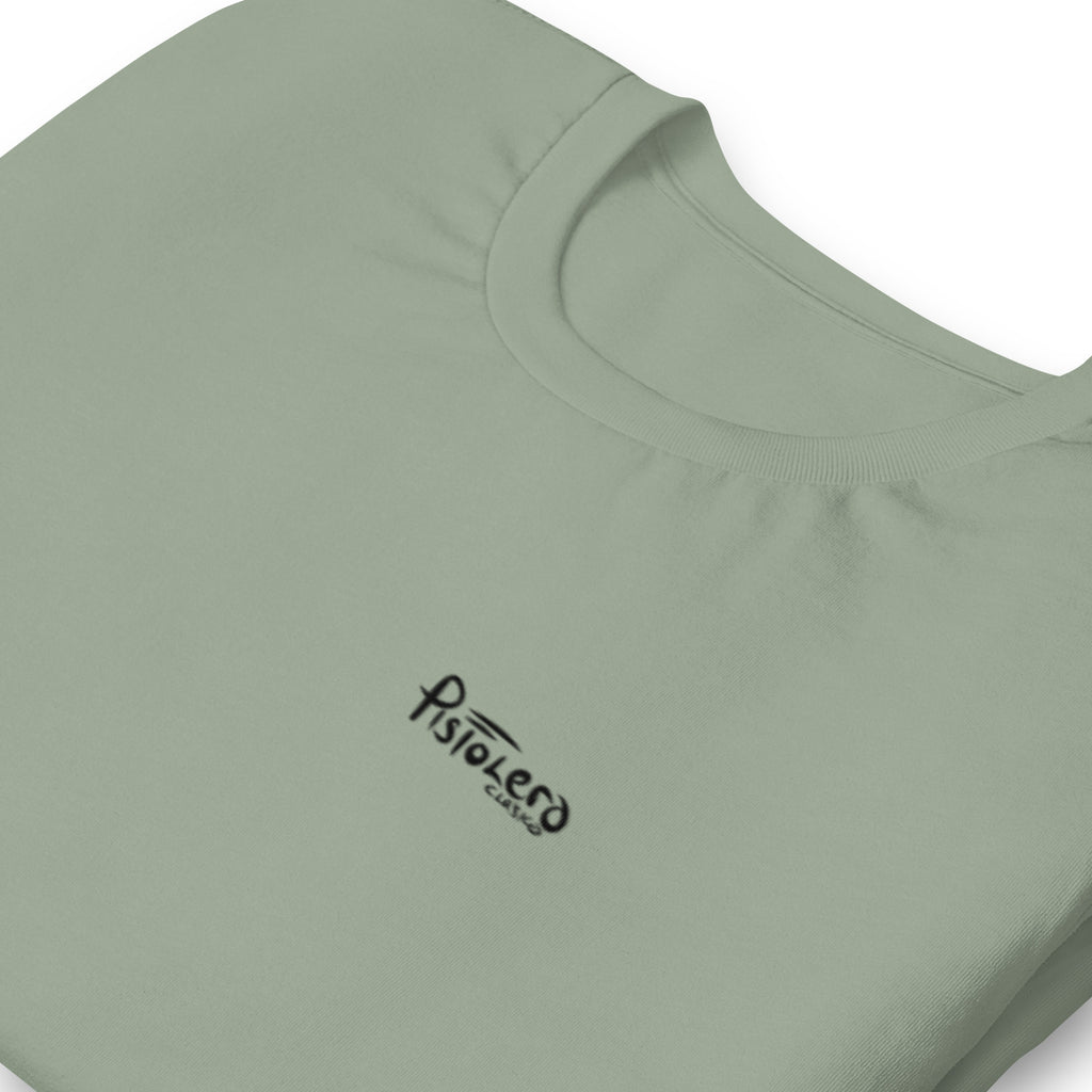 Homosassa Springs sage tee — front Pistolero Clásico logo — Pistolero Clásico