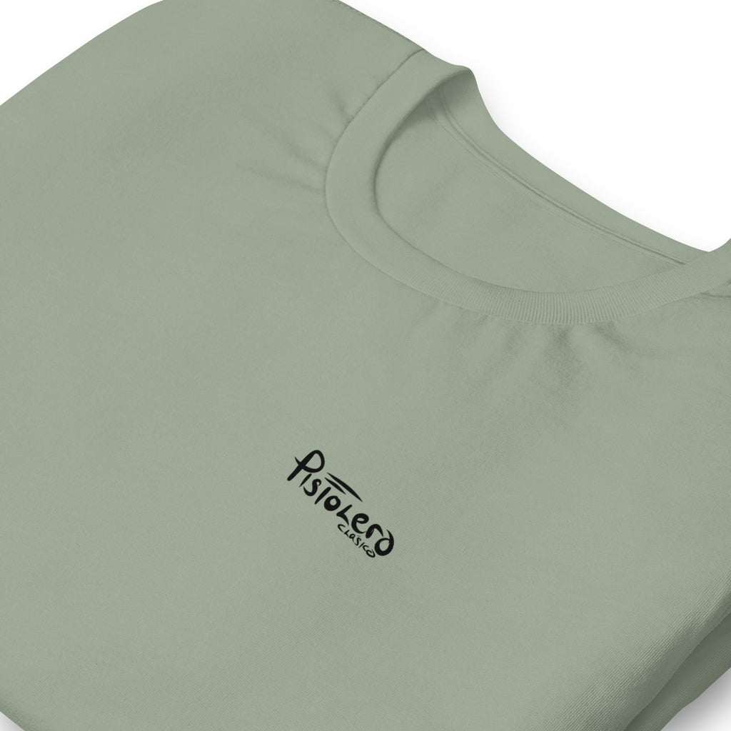 Ole Bone Sage tee, Pistolero Clásico logo detail — Pistolero Clásico