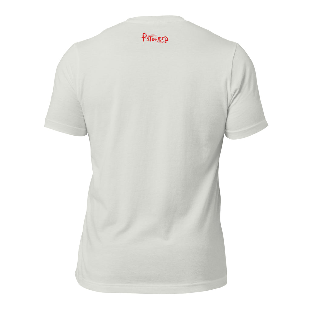 Campeonas del Mundo Silver tee, back view with Pistolero Clásico logo — Pistolero Clásico