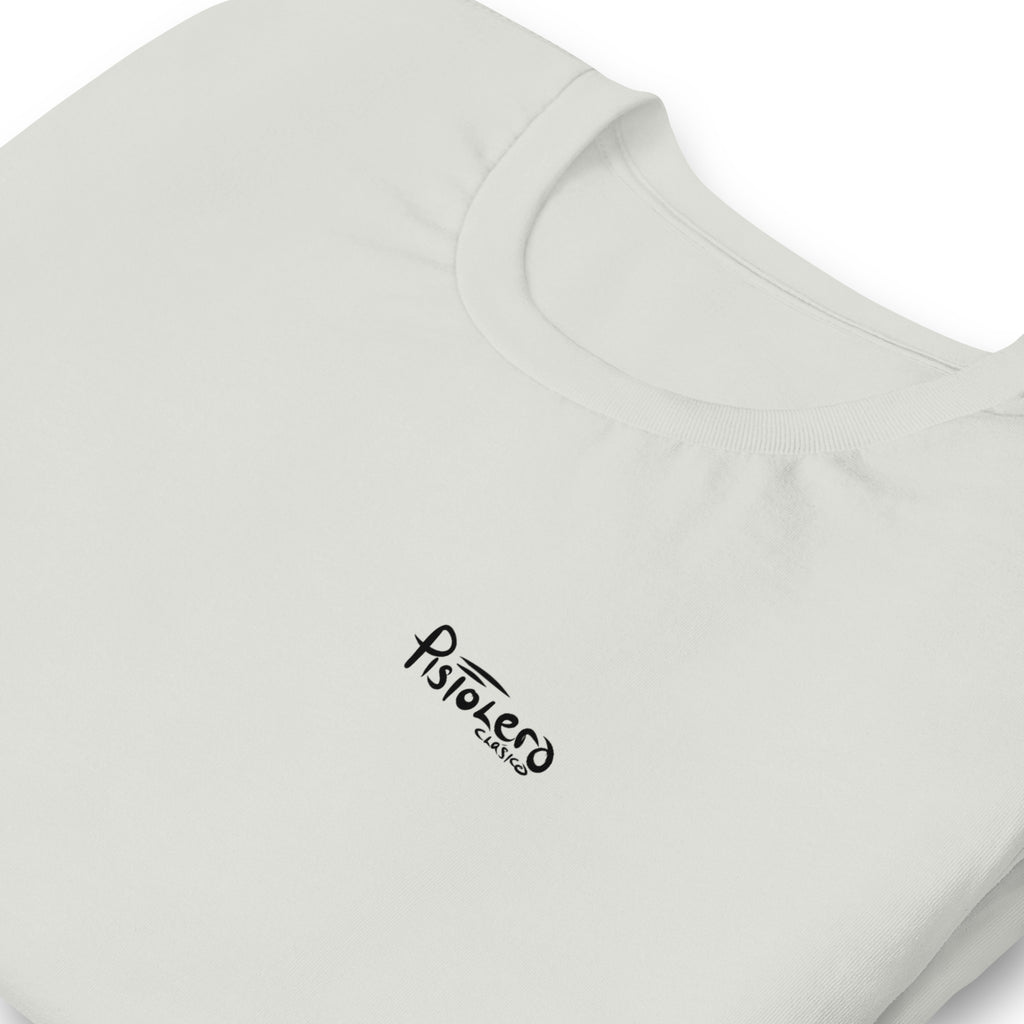 Ole Bone Silver tee, Pistolero Clásico logo detail — Pistolero Clásico