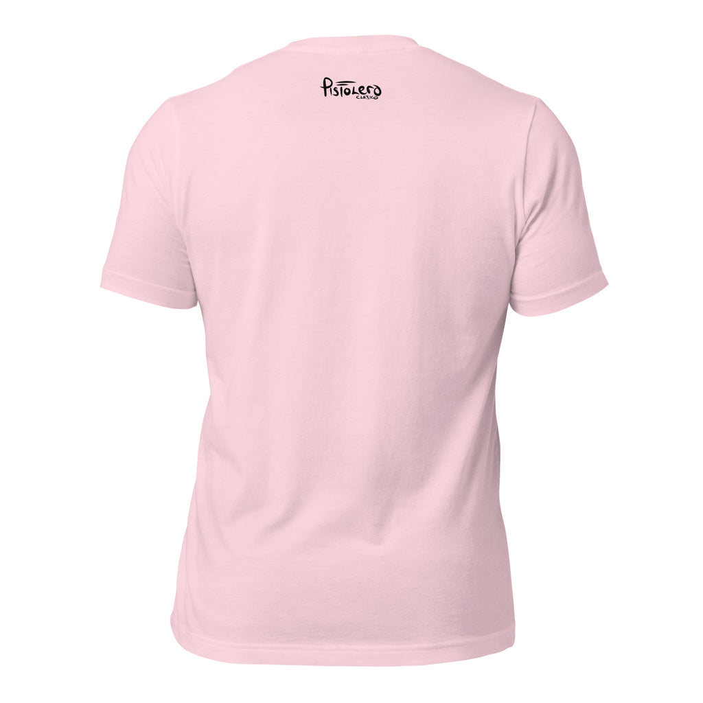 Summer soft pink tee — back Pistolero Clásico logo — Pistolero Clásico