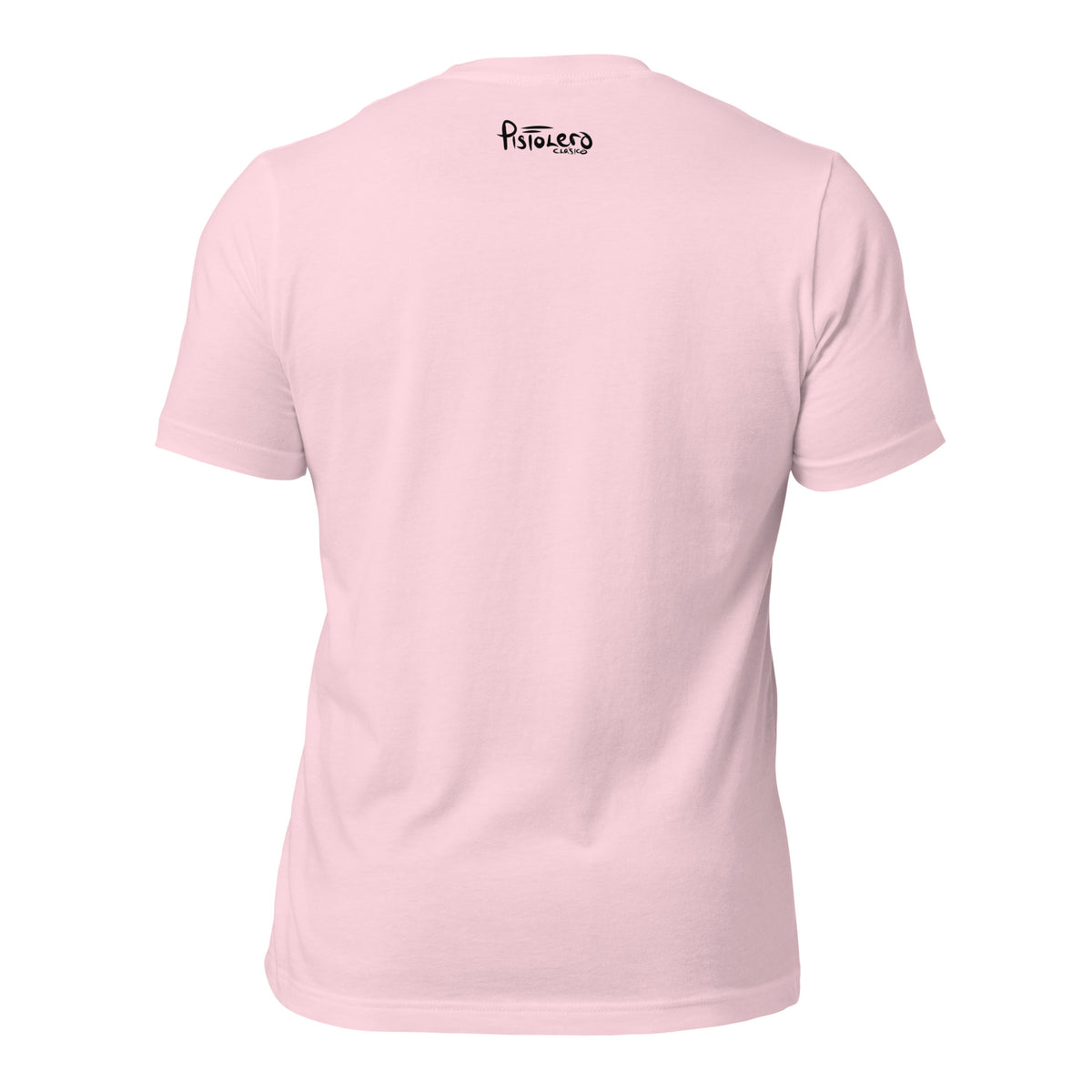Summer soft pink tee — back Pistolero Clásico logo — Pistolero Clásico