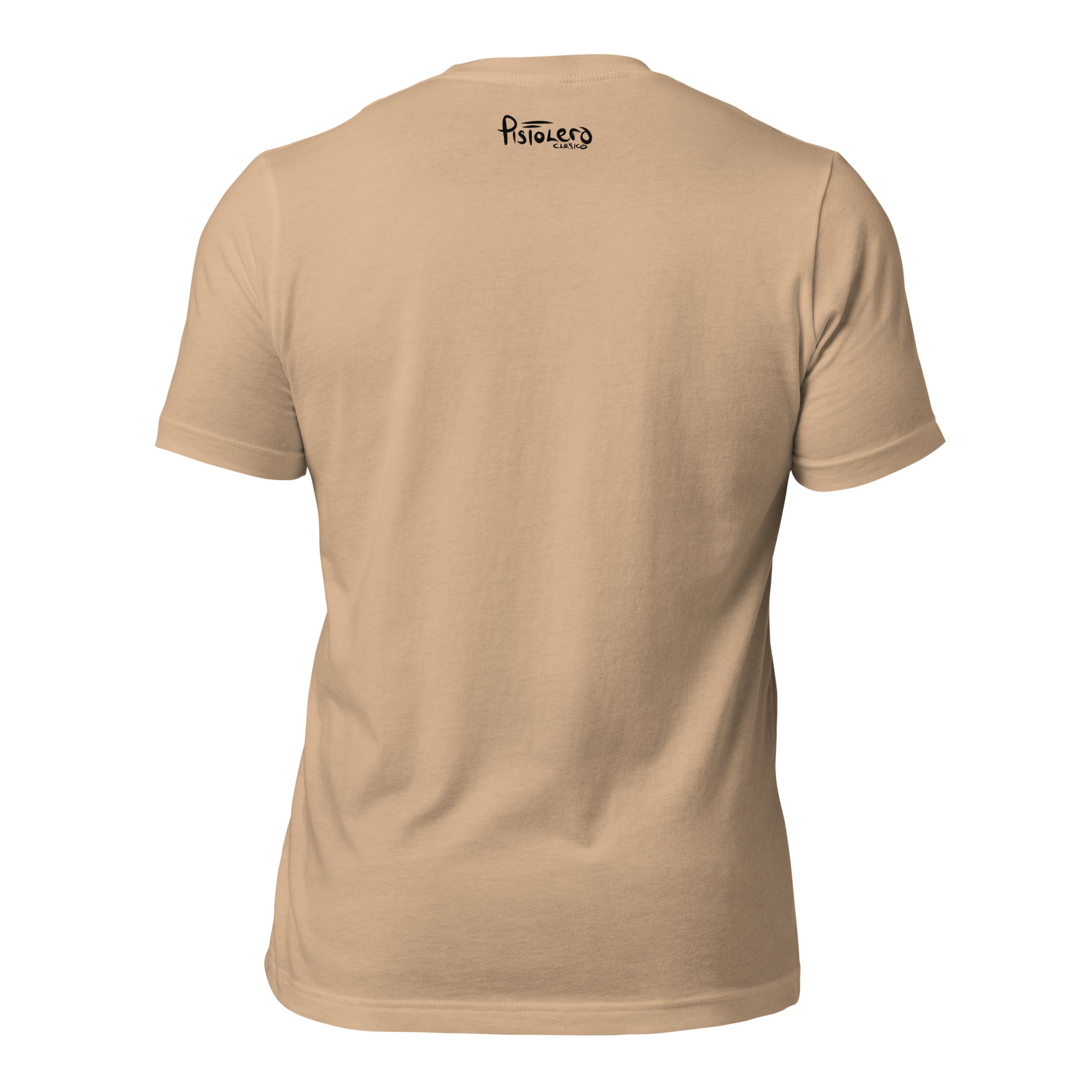 ¡Vamonos! tan tee — back Pistolero Clásico logo — Pistolero Clásico