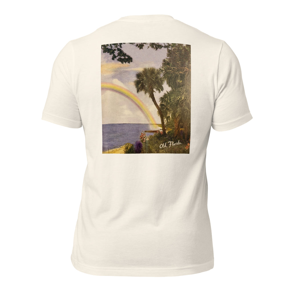 Rainbow vintage white tee — back graphic print — Pistolero Clásico