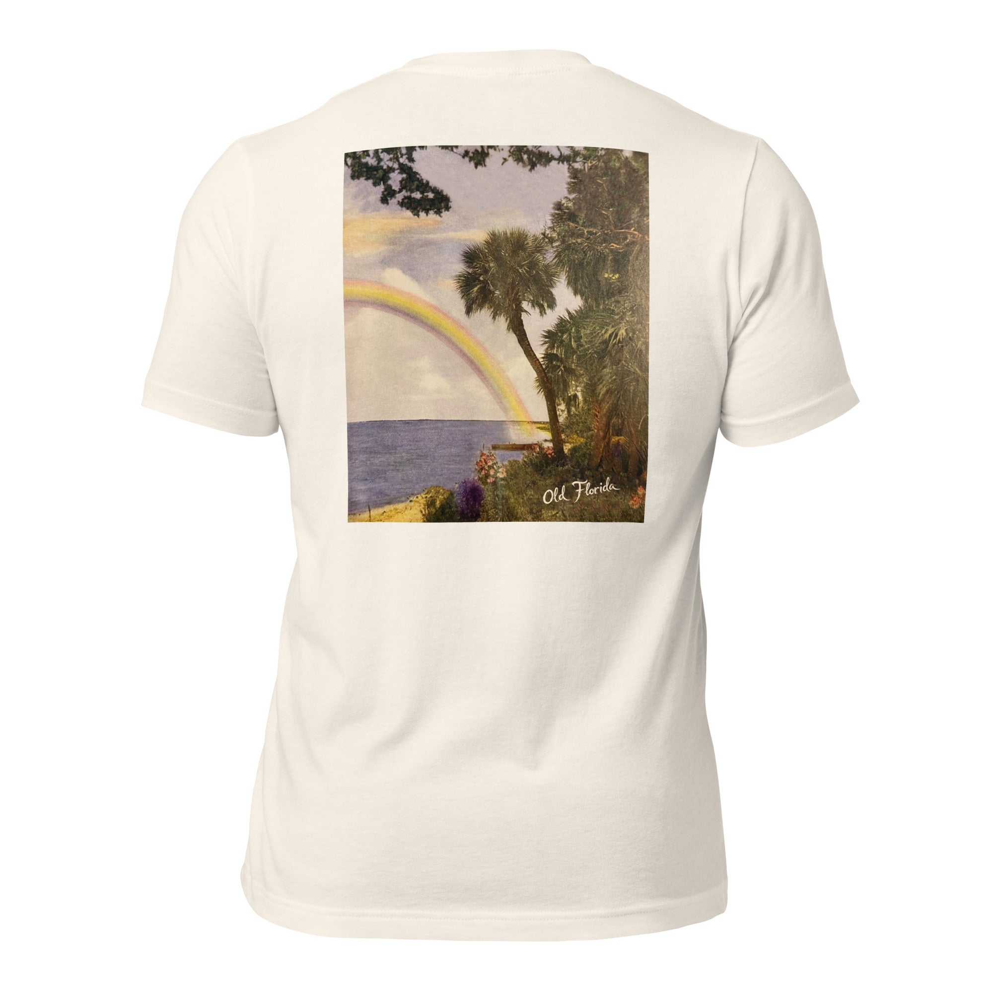 Rainbow vintage white tee — back graphic print — Pistolero Clásico
