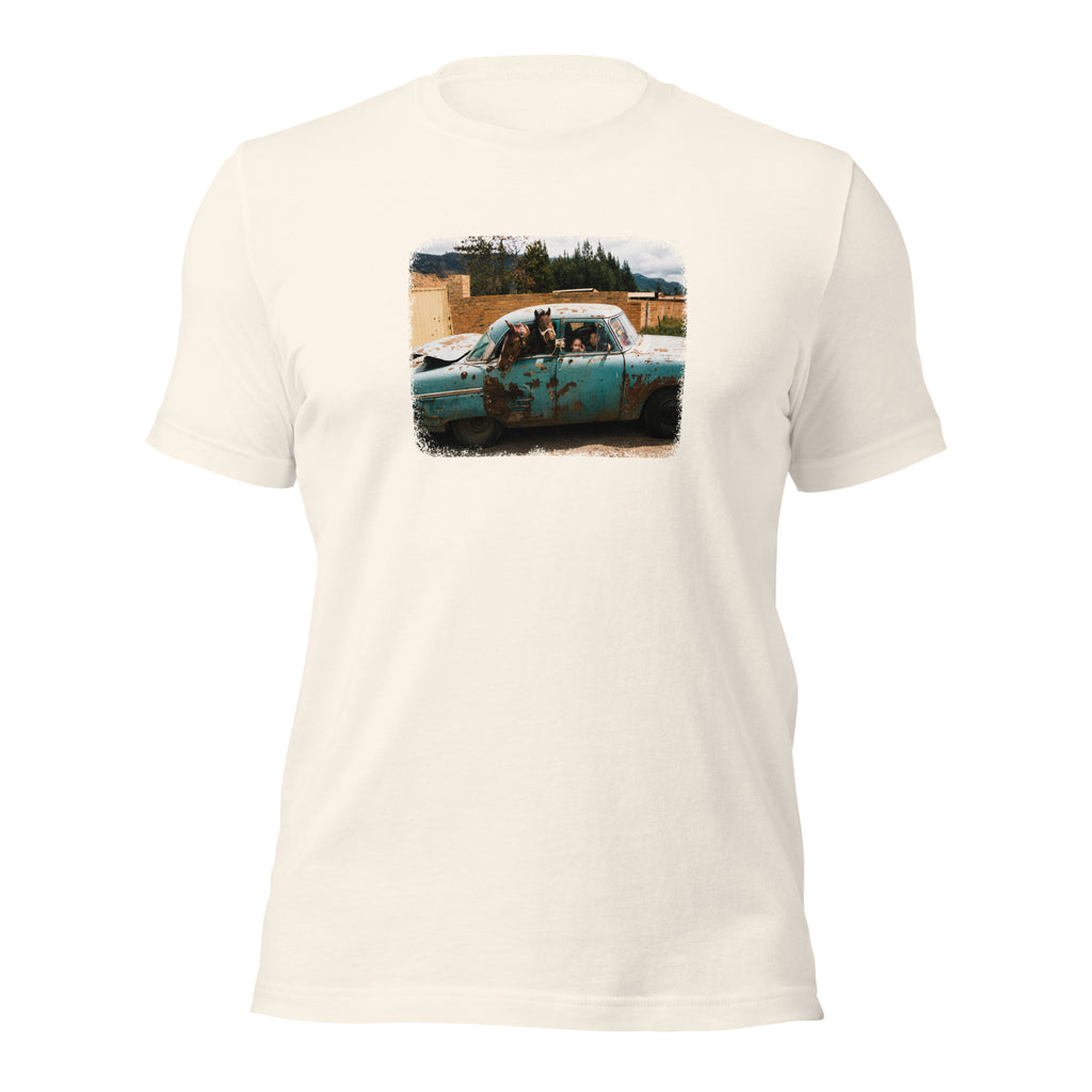 ¡Vamonos! vintage white tee — front graphic print — Pistolero Clásico