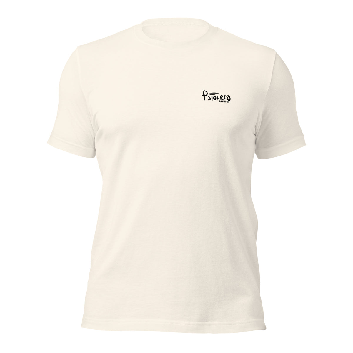 Lucky vintage white tee — front Pistolero Clásico logo — Pistolero Clásico