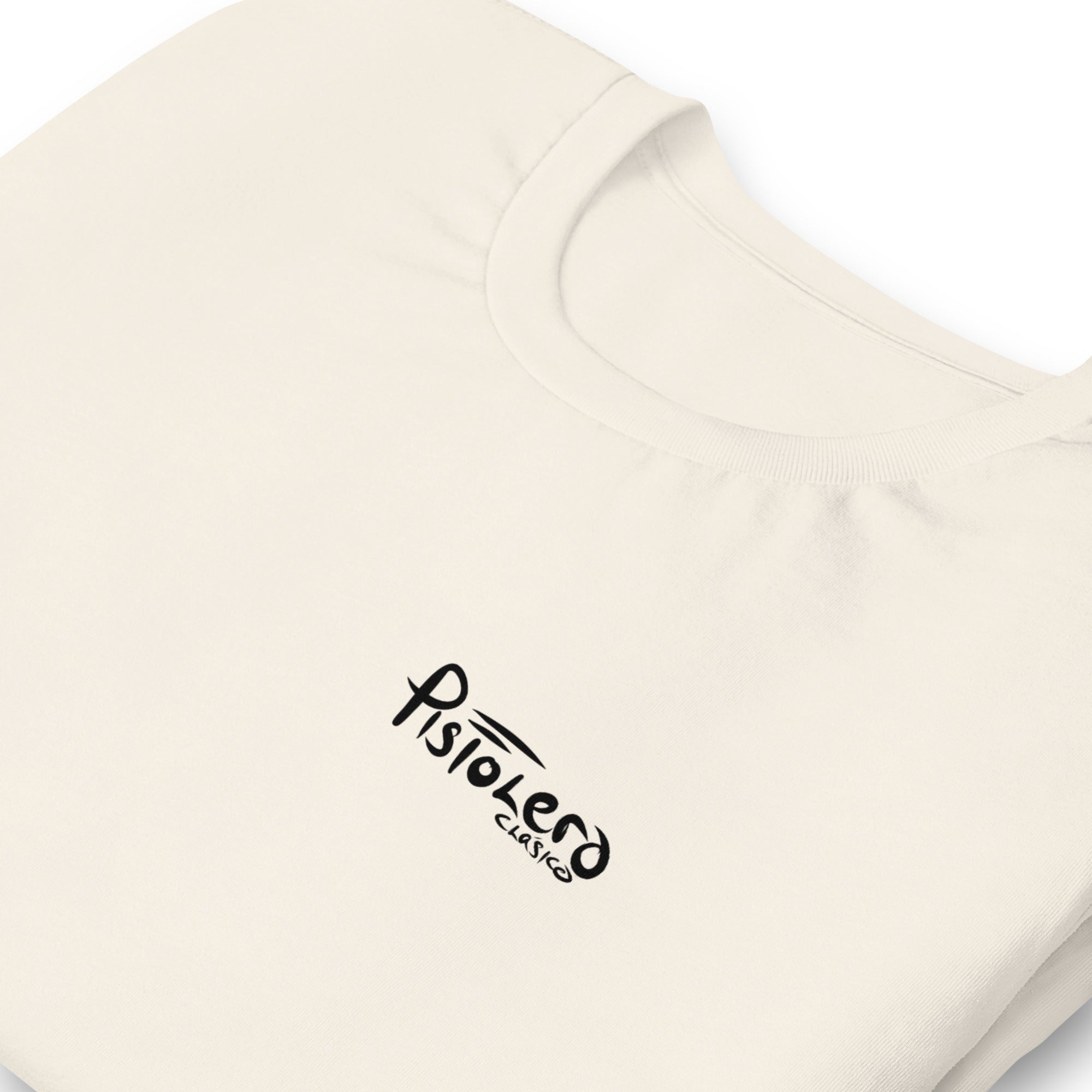 dFins Clásico vintage white tee — front Pistolero Clásico logo — Pistolero Clásico
