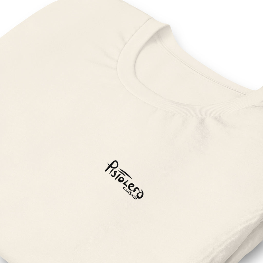 lyde Keys vintage white tee — front Pistolero Clásico logo — Pistolero Clásico