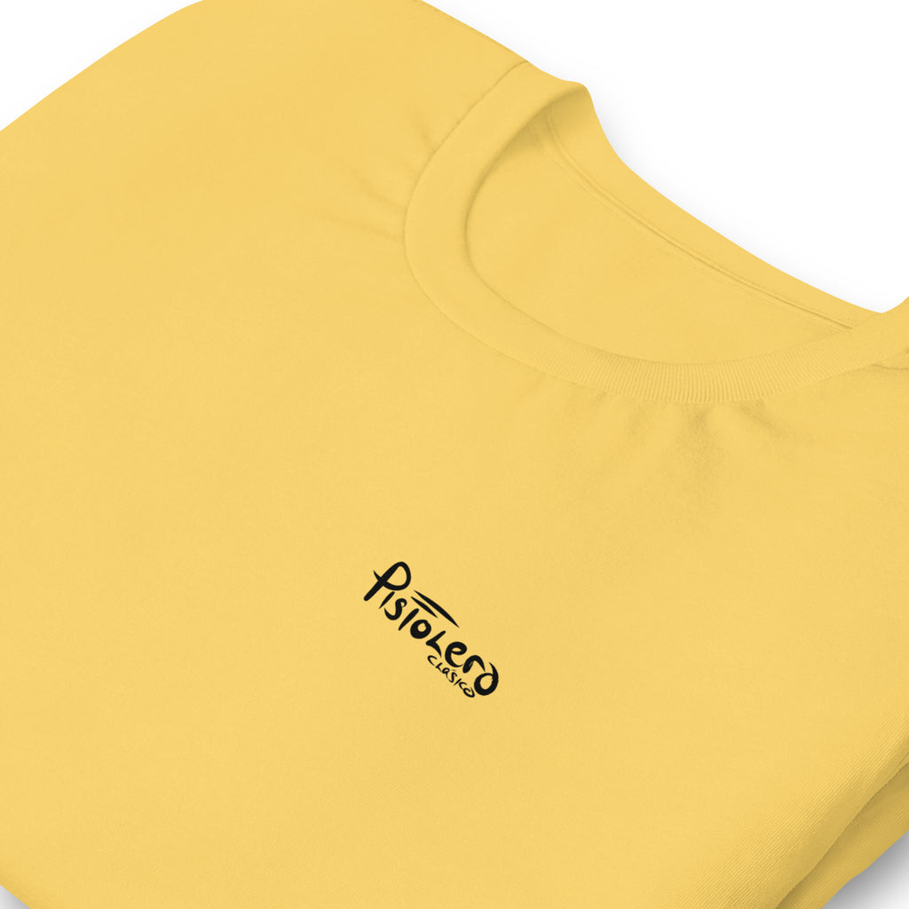 Arcadia Rodeo heather yellow gold tee — front Pistolero Clásico logo — Pistolero Clásico