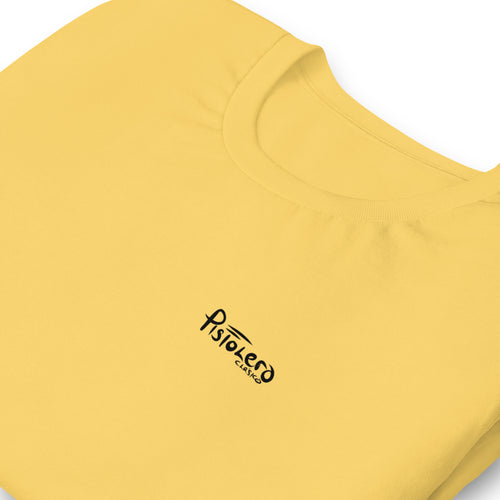 Arcadia Rodeo heather yellow gold tee — front Pistolero Clásico logo — Pistolero Clásico